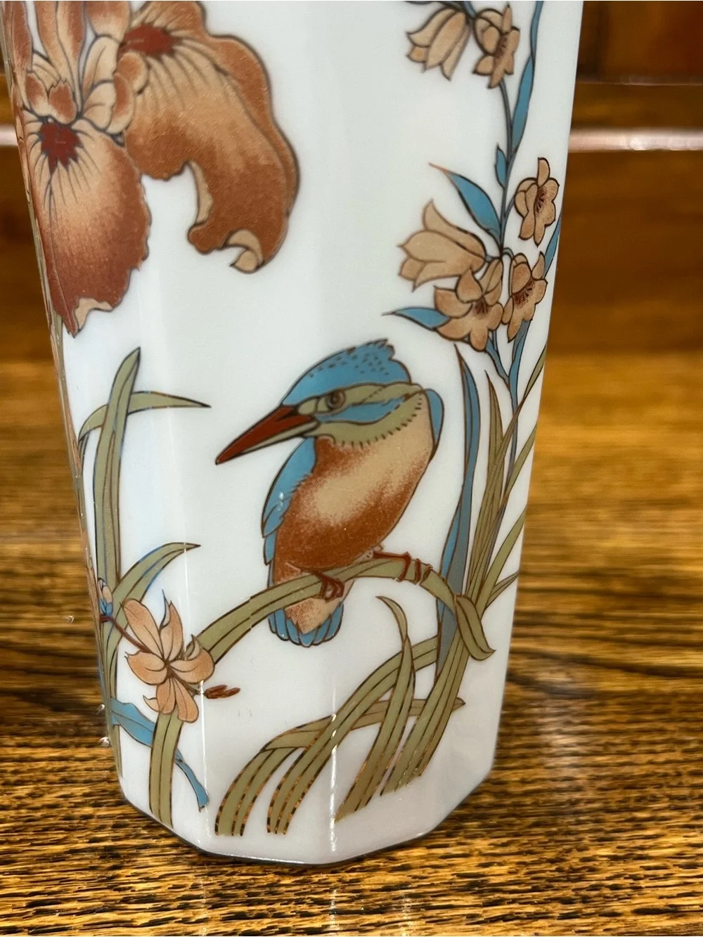 Vintage Japanese Porcelain Iris & Kingfisher Vase – Floral Art Deco Style
